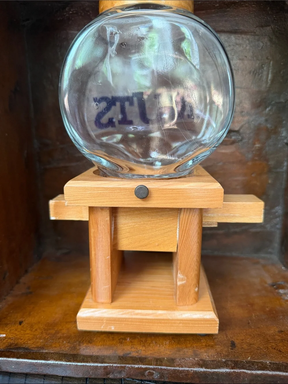 Vintage Wooden Nut Dispenser with Glass Globe - for peanuts or Pistachios